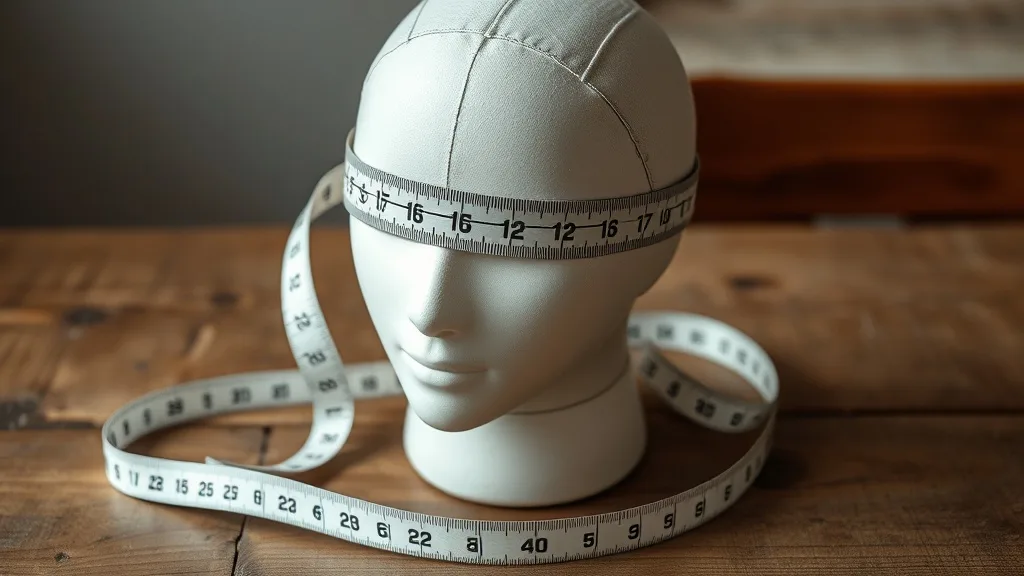 Close-up of a flexible measuring tape wrapped around a wig dummy head showing 22 inches