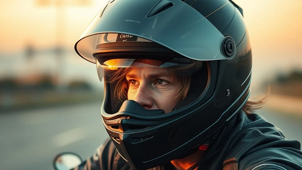 A biker wearing a helmet with visor up, monofilament wig beneath, wind-blown setting