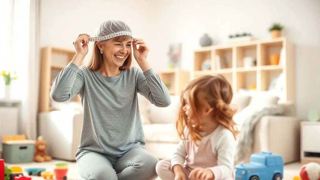 A woman laughing while measuring her head with a wig cap, children playing in the background