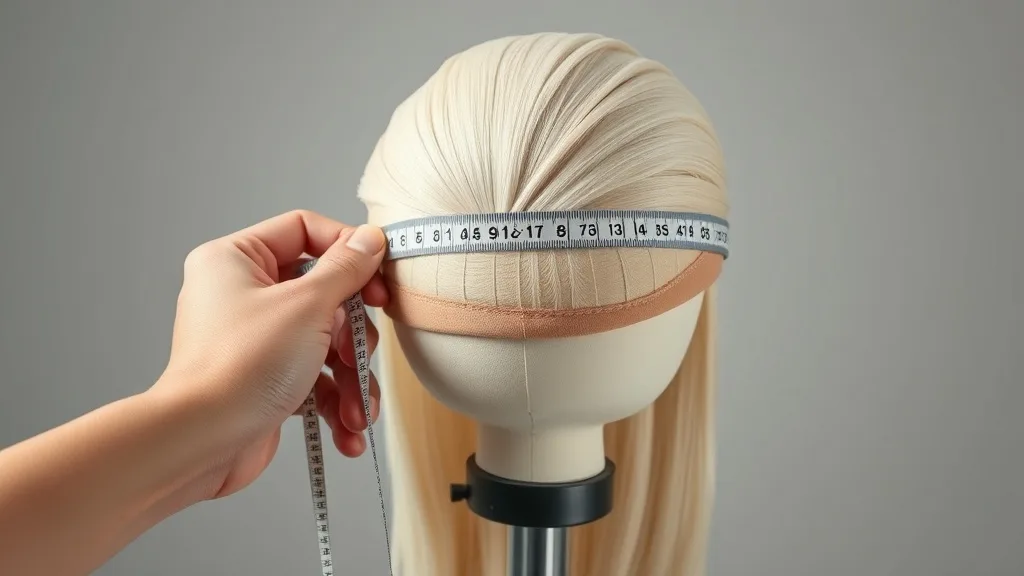 Close-up of a flexible tape measure on a wig, measuring from the crown center to the nape