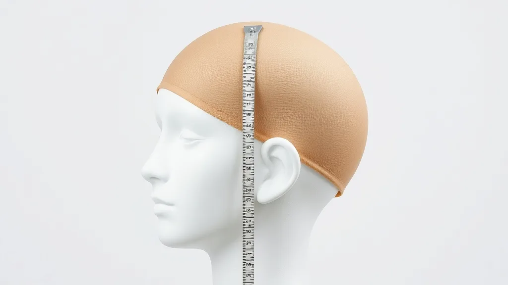 Wig with a tape measure showing off-center crown position relative to ears