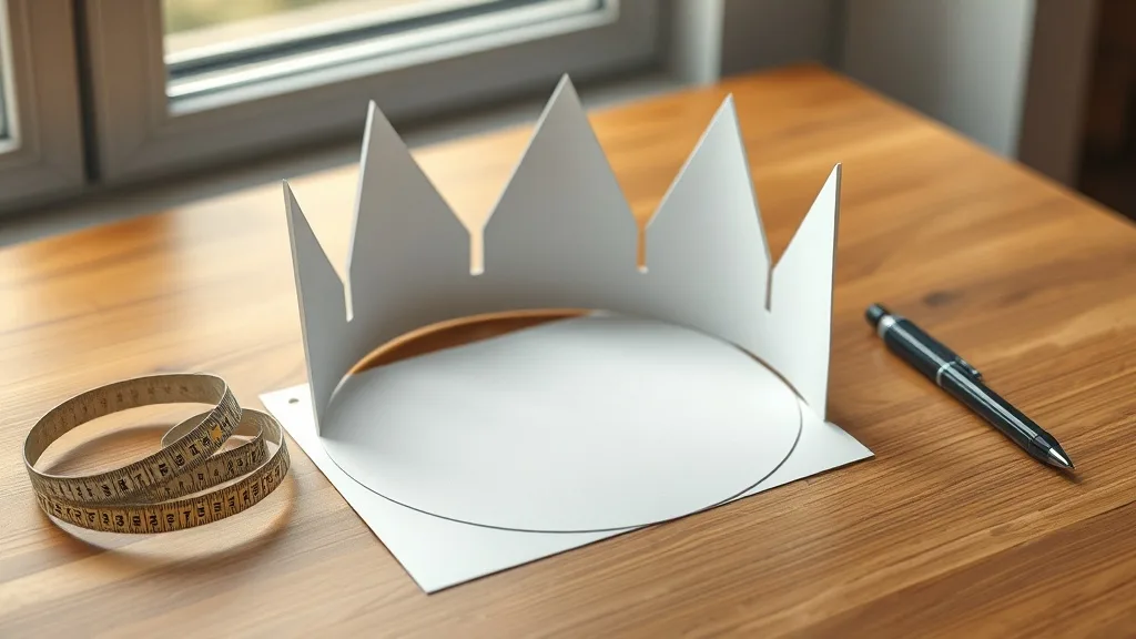 Paper cutout template shaped like a wig crown on a table next to a tape measure
