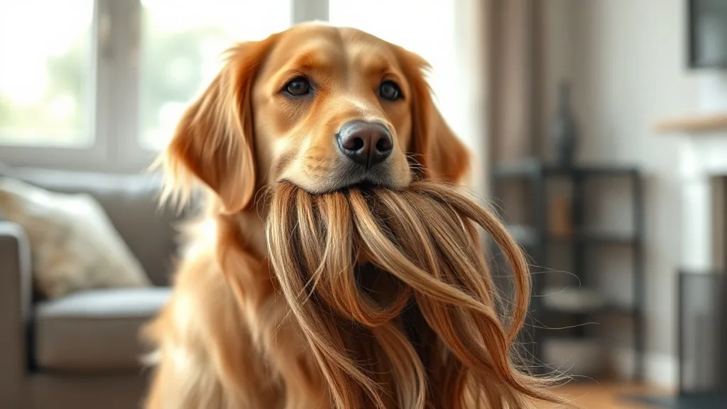 A golden retriever holding a wig in its mouth, looking playful