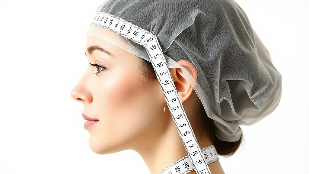 Woman measuring from front hairline over the top of head to nape of neck with tape.