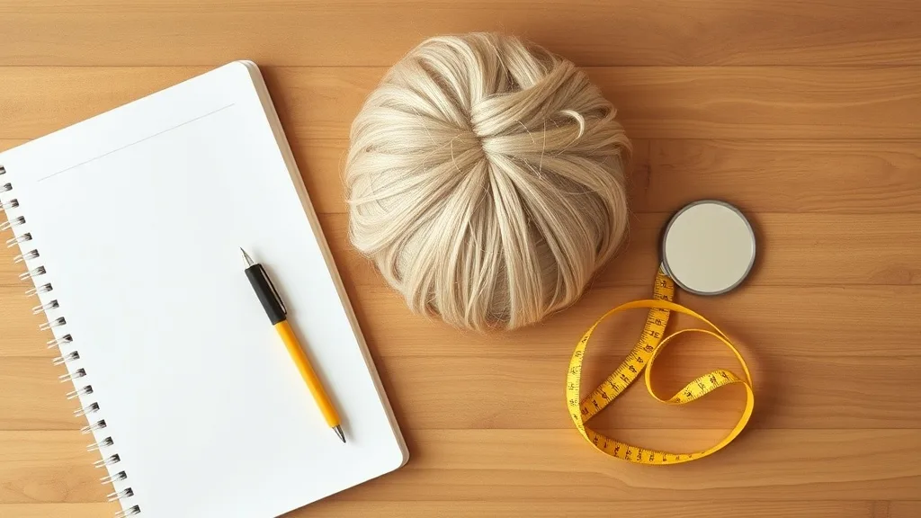 A table with a wig cap, measuring tape, mirror, and pen and paper neatly arranged from above.