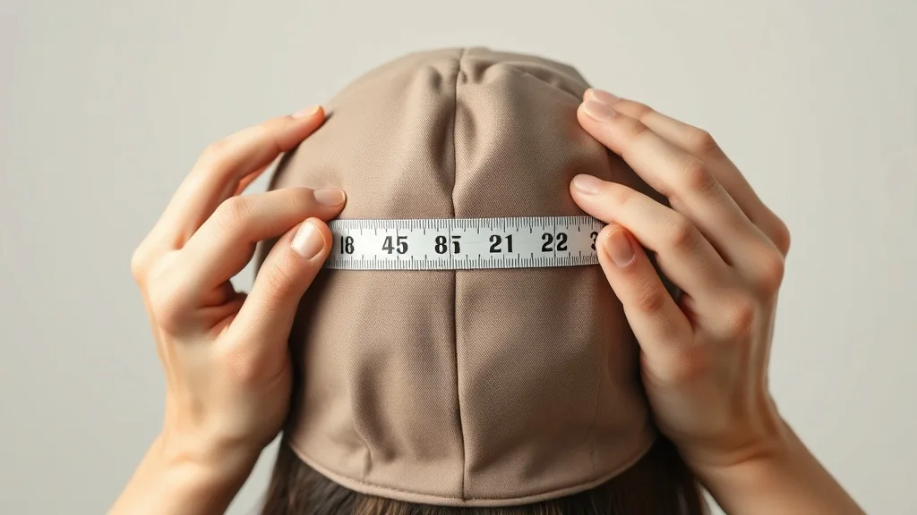Close-up of hands holding a measuring tape around the back of a wig-capped head, showing the tape level and snug fit.
