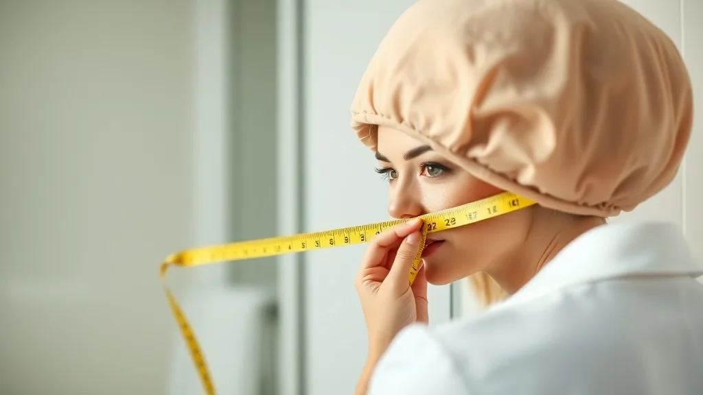 A person wearing a flesh-toned wig cap, with a soft measuring tape wrapped around their head, looking in a mirror with a focused expression.