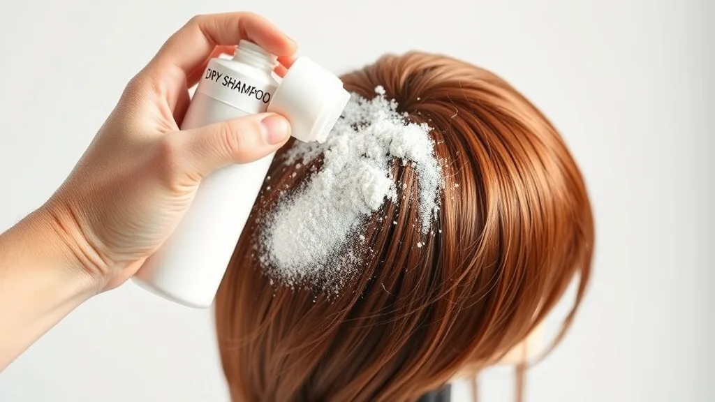 A hand sprinkling dry shampoo onto the roots of a synthetic wig to add volume and reduce shine
