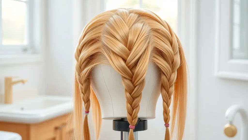 A synthetic wig with sections braided while damp, air-drying on a wig stand