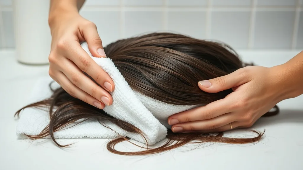 Hands gently blotting a human hair wig with a white microfiber towel to remove excess water