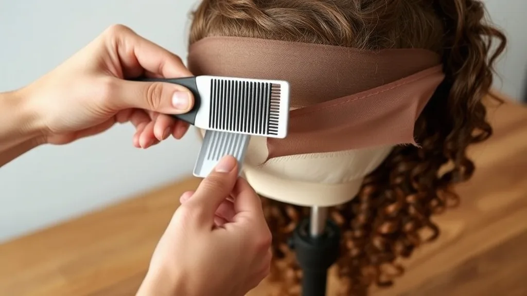 A wide-tooth comb being used to gently detangle a damp human hair wig on a stand