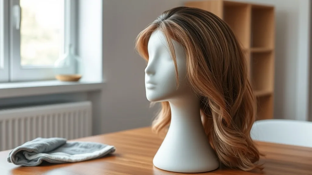 A human hair wig on a wig stand, slightly damp, air drying on a table in a bright, organized room