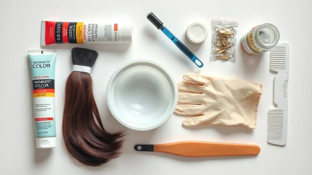 An overhead view of wig coloring supplies: dye, developer, bowl, brush, gloves, petroleum jelly, clips, on a white surface