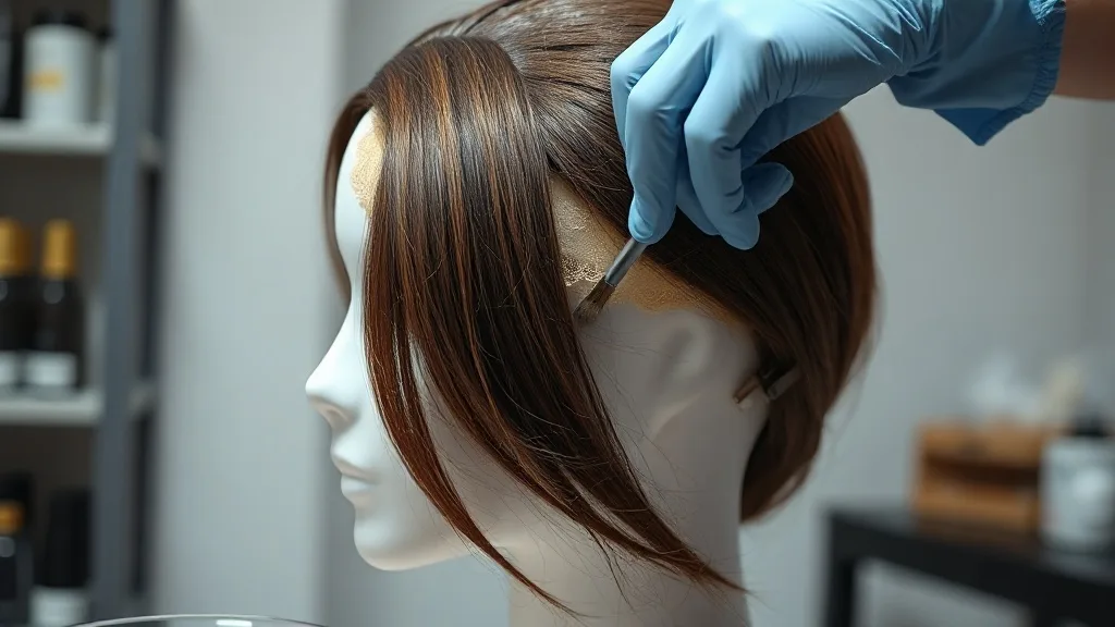 A person wearing gloves applies hair dye to a human hair wig secured on a mannequin head, with sectioned hair and a color brush