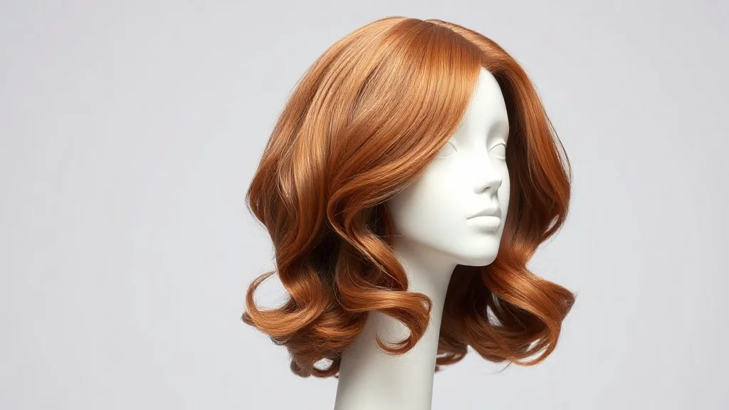 A beautifully styled human hair wig in a rich auburn color on a mannequin head, with soft waves