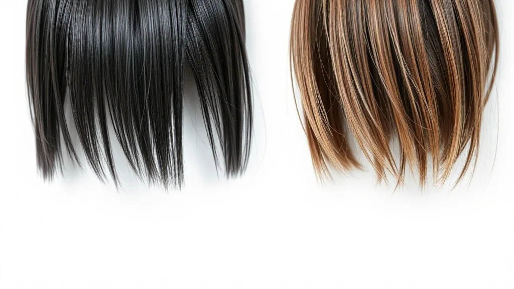 Side-by-side comparison of synthetic wig and human hair wig fibers showing texture differences