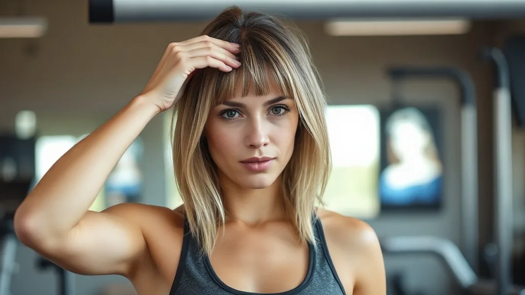 A woman wiping sweat while wearing a wig at a gym