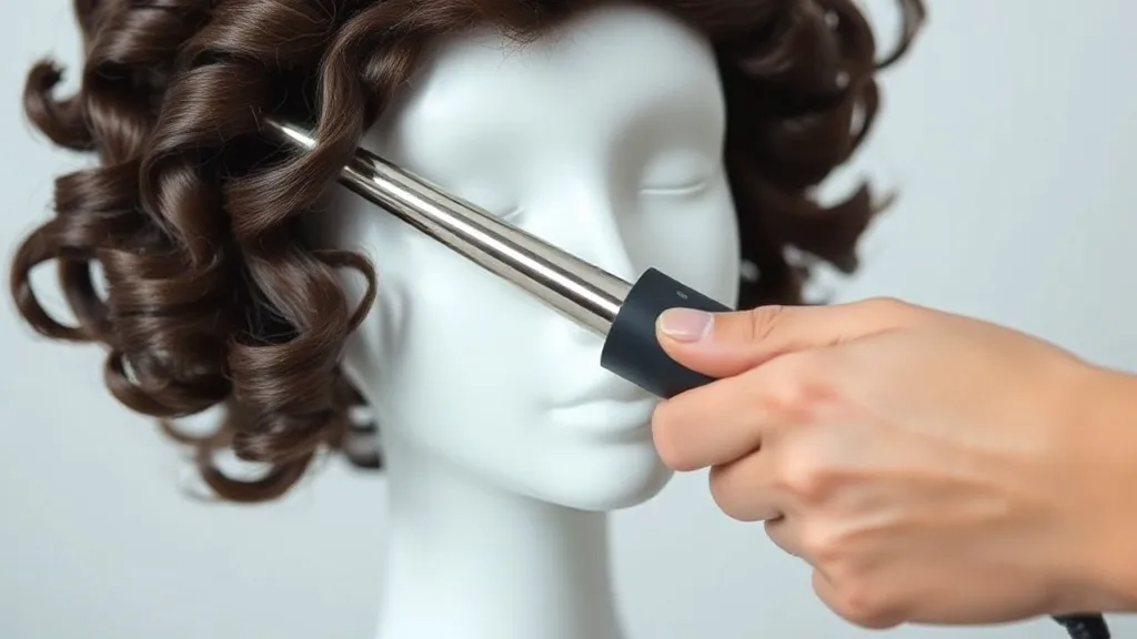 Hand using a curling iron on a heat-friendly synthetic wig on a mannequin head