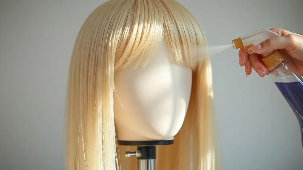 A blonde synthetic wig on a mannequin head being lightly misted with a spray bottle, soft lighting