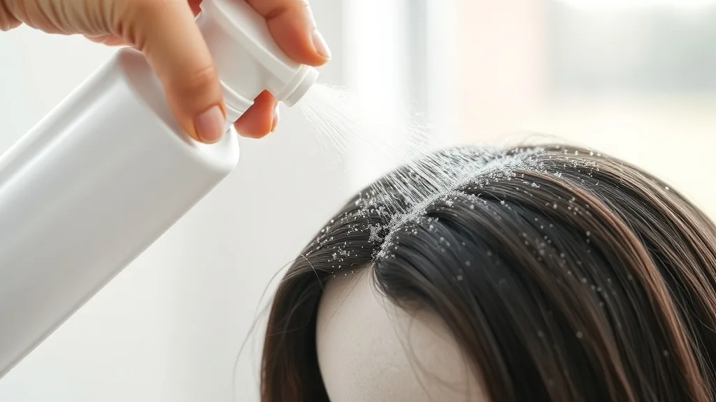 Spraying dry shampoo onto the roots of a synthetic wig on a stand