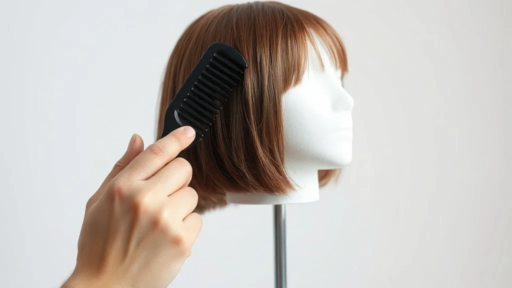 A hand using a wide-tooth comb to detangle a synthetic wig, showing the brush and fibers