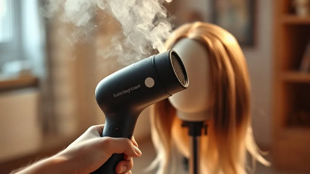 A handheld steamer being used on a synthetic wig, steam rising, wig on stand