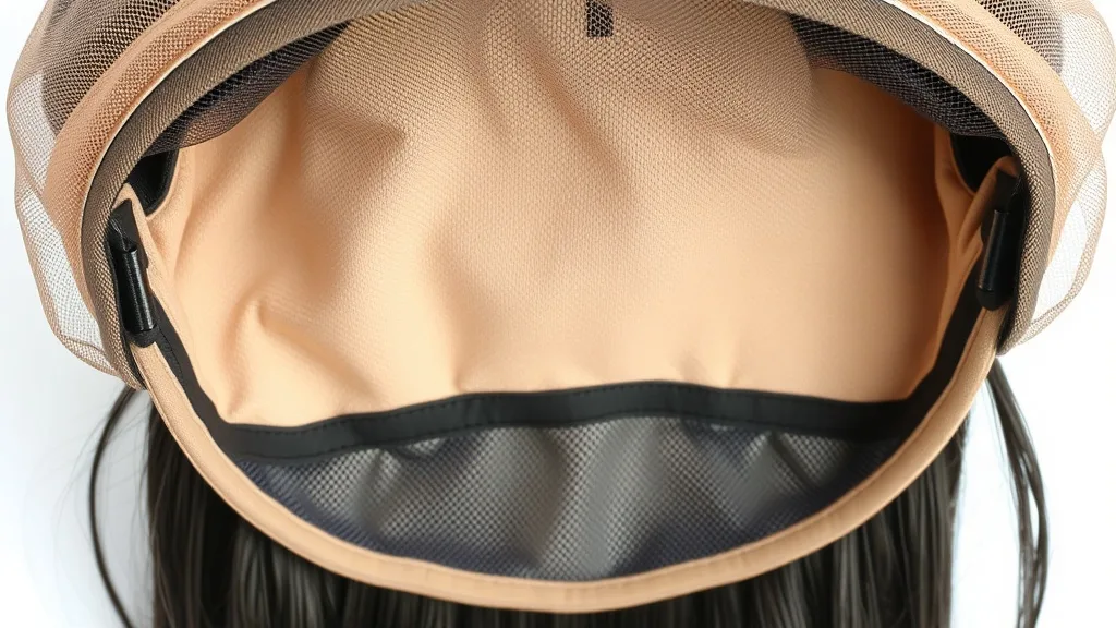 Inside of a full cap wig showing the cap construction with wefts and ventilation