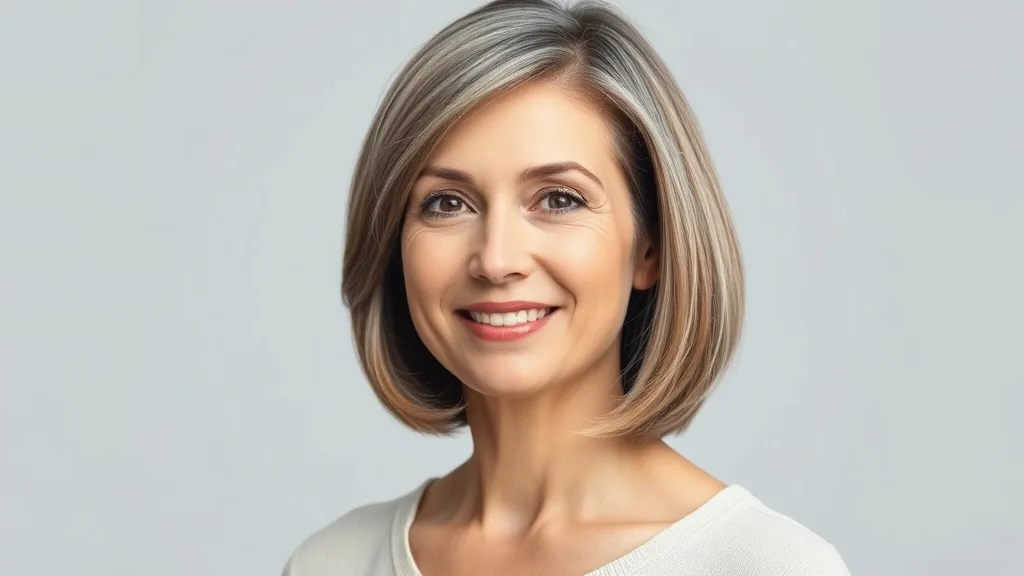 A smiling woman with a short, layered human hair wig, looking comfortable and natural