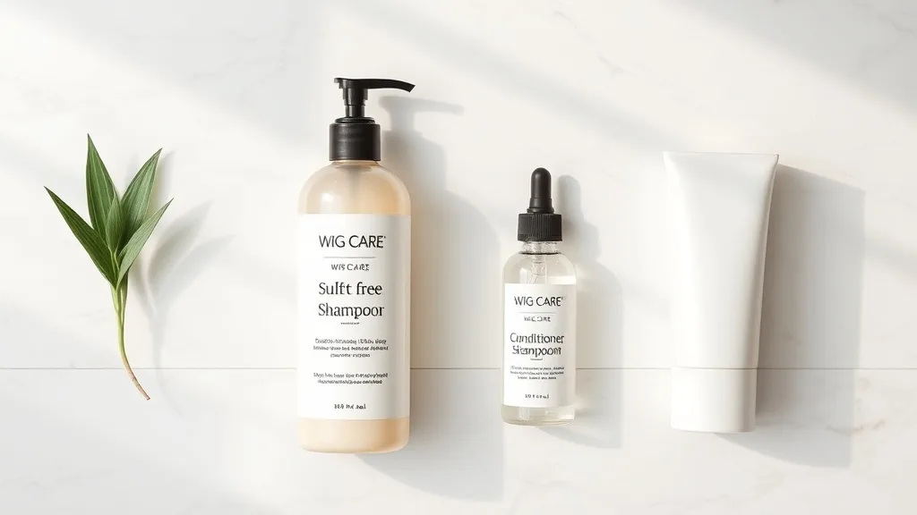 Wig care products including sulfate-free shampoo, conditioner, and anti-frizz serum arranged on a bathroom counter