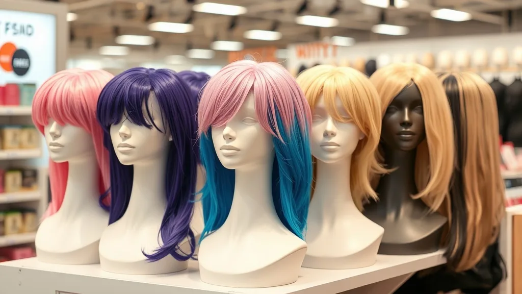A shelf with colorful synthetic wigs in various shades and styles