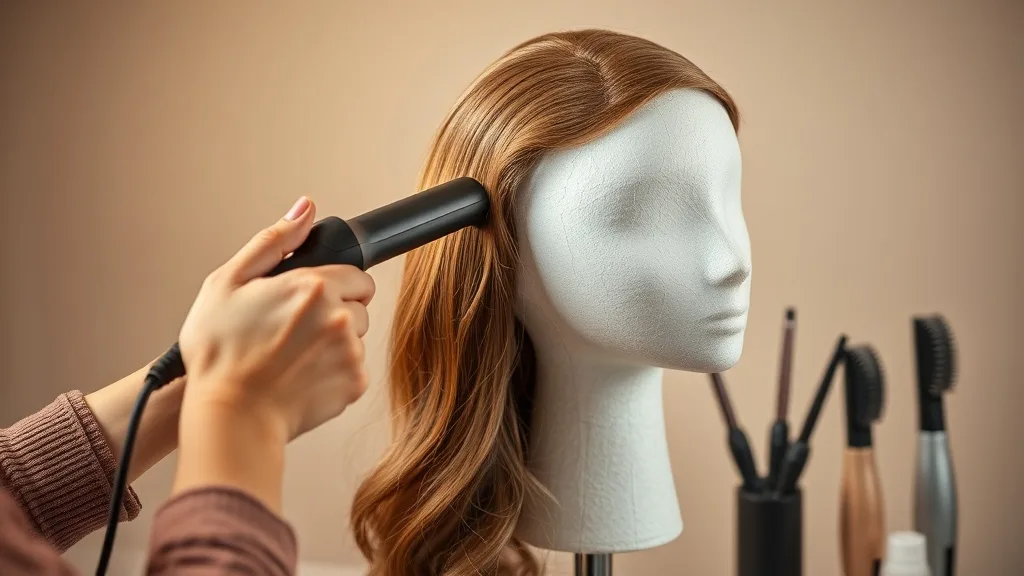 A woman using a curling iron to style a long, dark brown human hair wig on a wig stand
