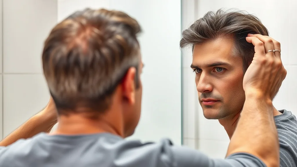 A man looking in a mirror while gently adjusting a lace front synthetic wig