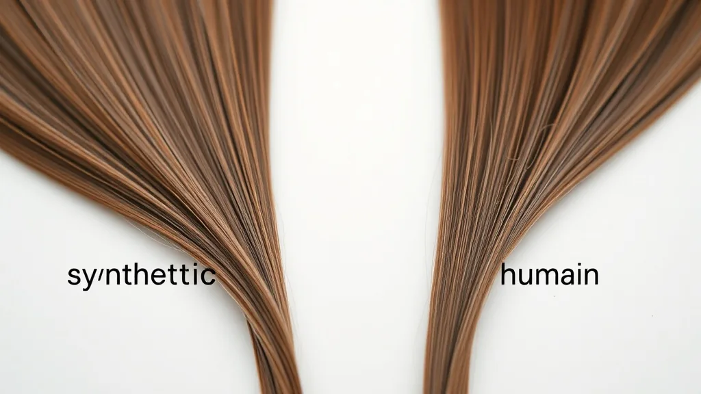 Close-up of two wig strands side by side, one synthetic and one human hair, showing similar appearance