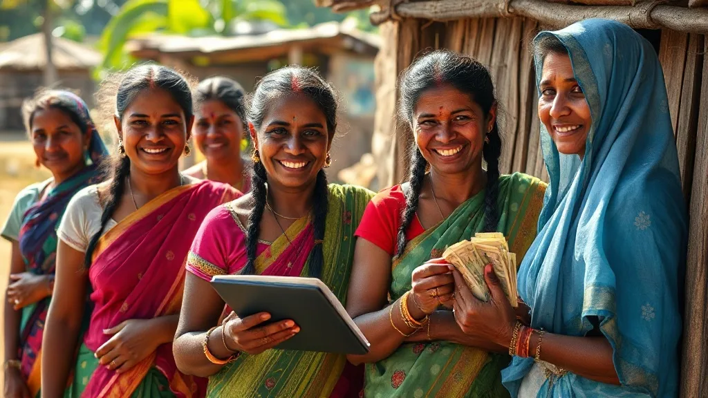 Rural community in India where women are selling their hair to a fair trade collector, smiling