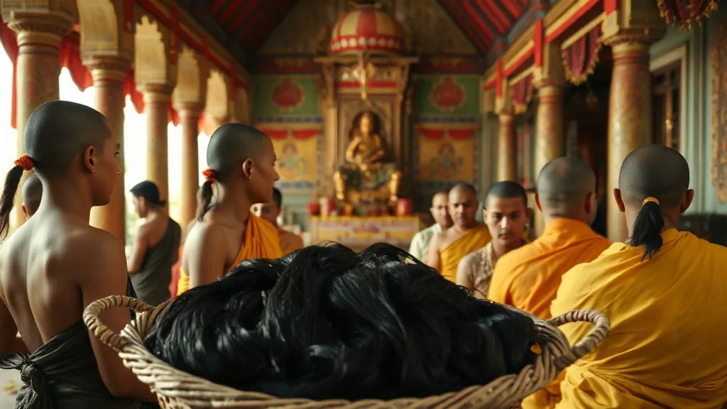 A view inside an Indian temple where devotees are shaving their heads as an offering, piles of hair collected