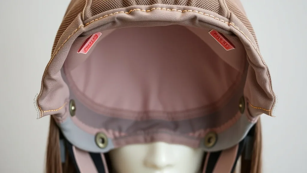 A wig cap with adjustable straps and combs on a mannequin head, showing interior construction