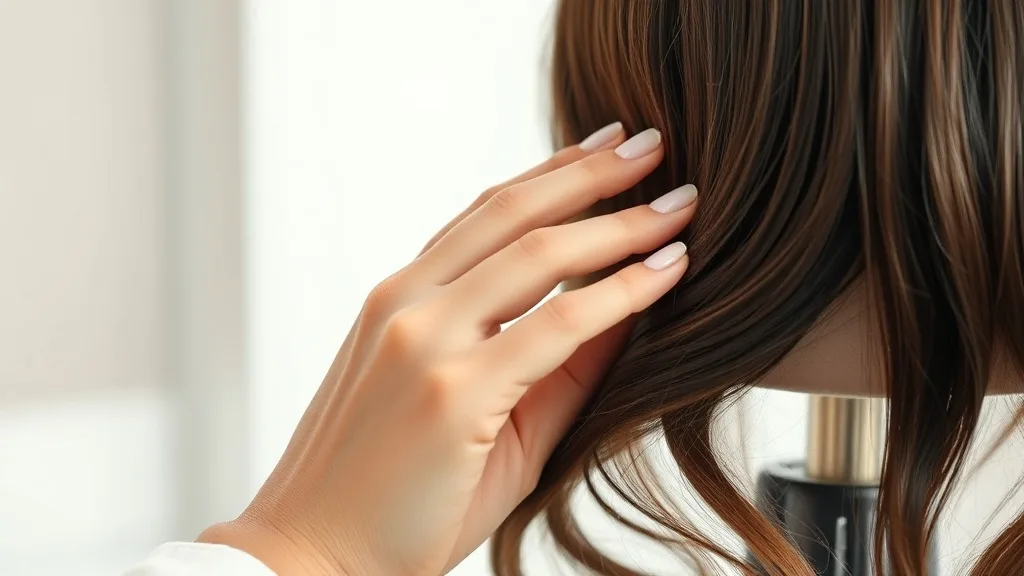 Close-up of a woman's hand feeling the texture of a human hair wig on a stand, showing natural shine and color