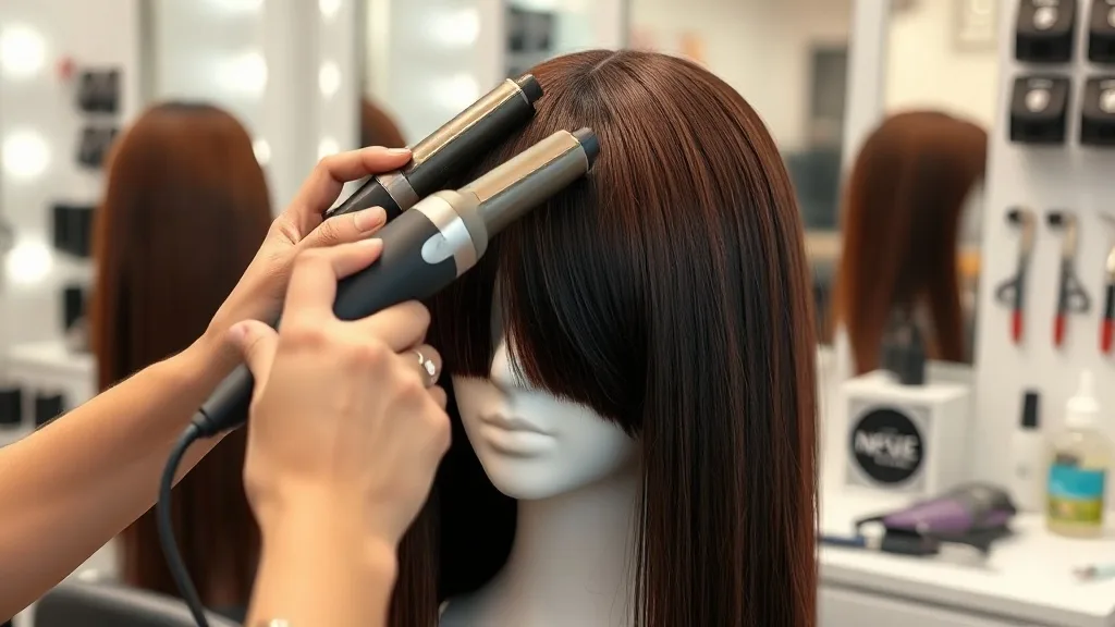 A wig stylist curling a human hair wig with a curling iron, showcasing styling versatility