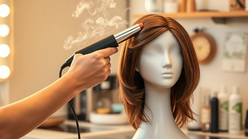 A wig stylist curling a human hair wig with a hot curling iron, showing styling versatility