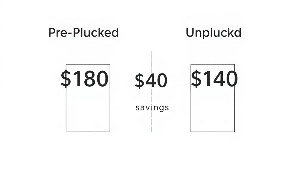 Infographic showing price difference and savings calculation between pre-plucked and unplucked wigs