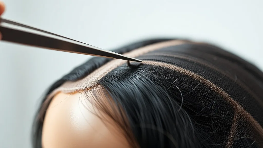 Close-up of tweezers plucking hairs from the hairline of an unplucked wig on a mannequin