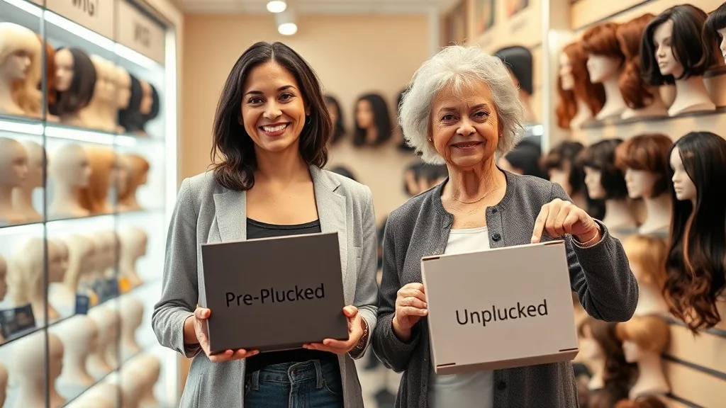 Two women of different ages standing in front of a wig display, one holding a pre-plucked wig box, the other holding an unplucked wig
