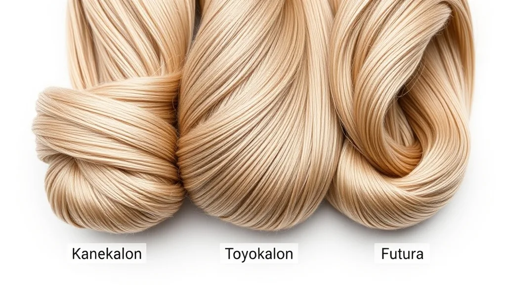 Close-up of three synthetic wig fibers labeled Kanekalon, Toyokalon, and Futura, showing differences in texture