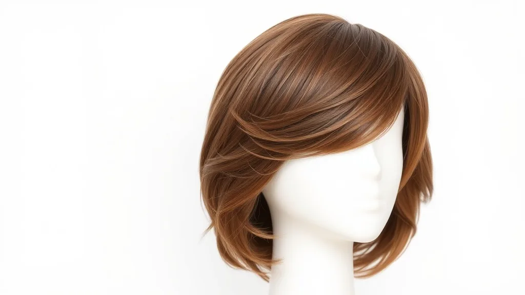 A sleek synthetic wig displayed on a mannequin head, with soft lighting highlighting the fibers