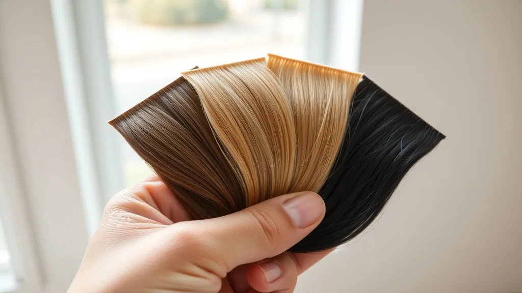 A hand holding multiple wig color swatches in ash brown, honey blonde, and caramel
