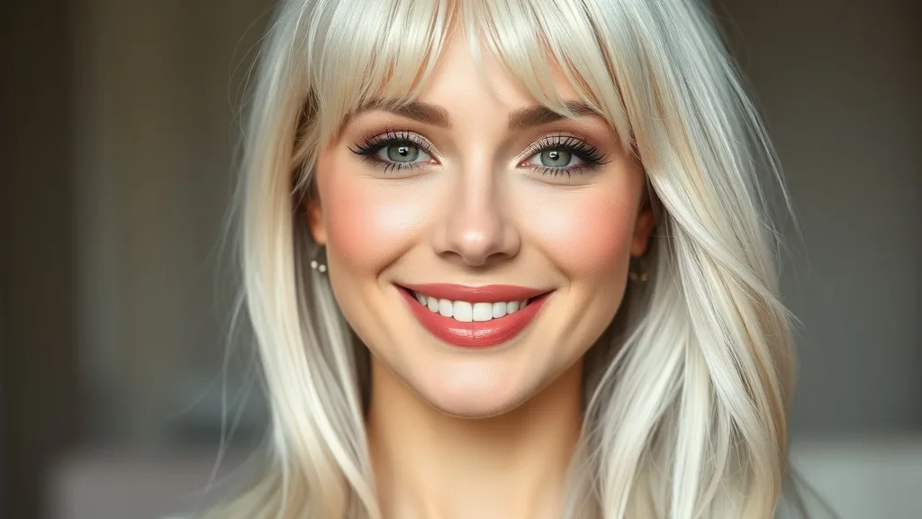 A woman with a cool-toned platinum blonde wig wearing matching cool-toned makeup