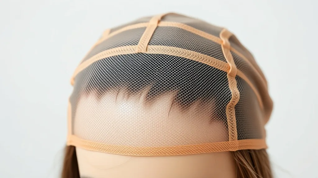 Close-up of a wig's lace front cap construction showing thin mesh and hand-tied hair