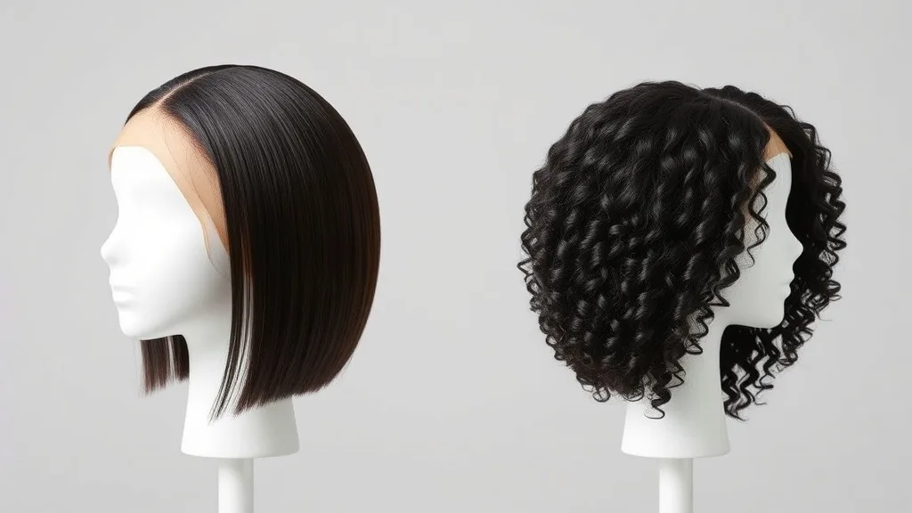 Two wigs on mannequins showing the difference between medium and heavy density
