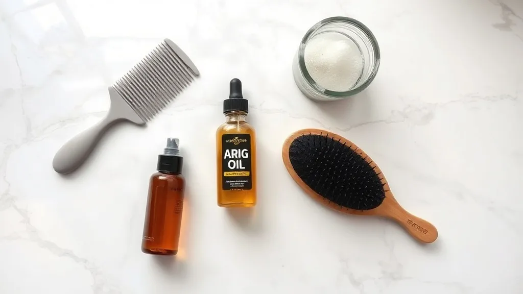 Wide-tooth comb, argan oil spray, wig stand, and a soft brush arranged on a vanity
