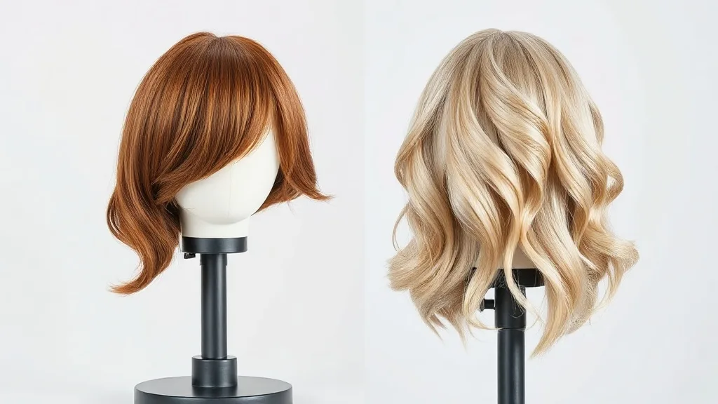 Two wigs on stands: one synthetic and one human hair, side by side